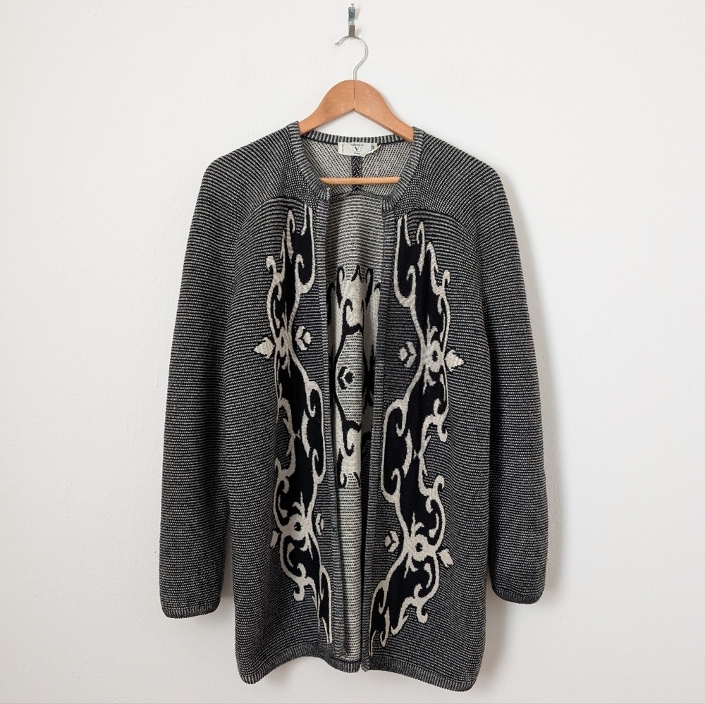 Valentino Studio Black White Knit Wool Pattern Open Front Cardigan Sweater